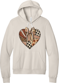 For the Love of Football hoodie in Heather Dust, featuring a patchwork heart in leopard, plaid, and checkerboard with a football and a cream bow