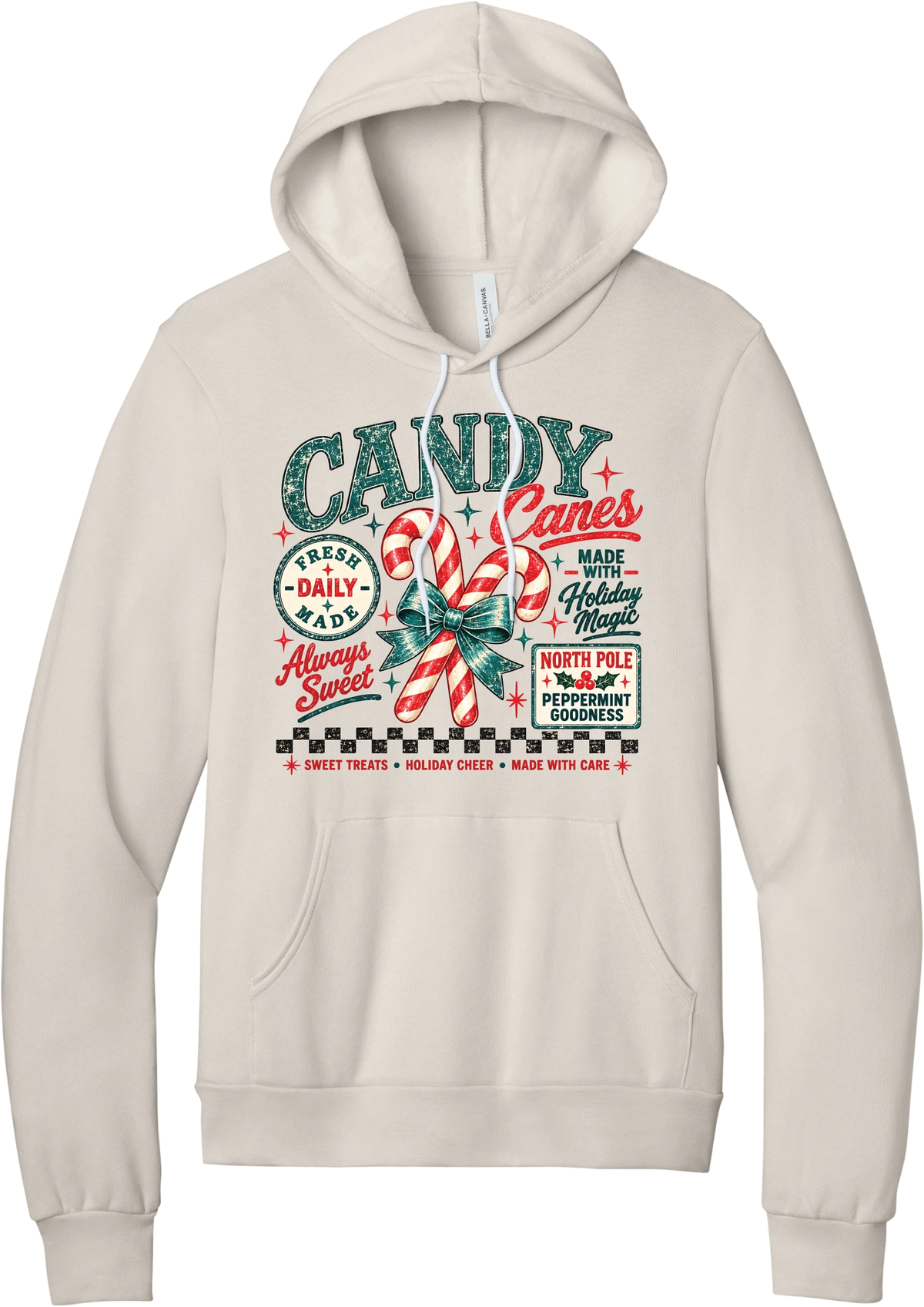 Fresh Candy Canes hoodie in Heather Dust, featuring vintage candy shop lettering with two striped candy canes tied in a green bow, a North Pole Peppermint Goodness sign, and a checkerboard stripe