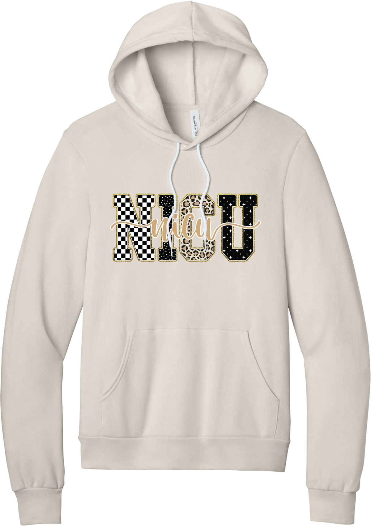 Glitzy Patterned NICU hoodie in Heather Dust, featuring NICU block letters in checkerboard, polka dot, leopard, and starry patterns with a gold glitter outline and nicu script