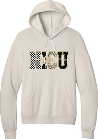 Glitzy Patterned NICU hoodie in Heather Dust, featuring NICU block letters in checkerboard, polka dot, leopard, and starry patterns with a gold glitter outline and nicu script