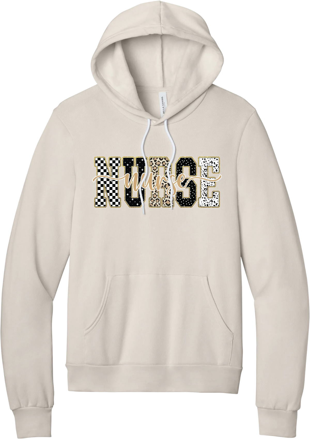 Glitzy Patterned Nurse hoodie in Heather Dust, featuring NURSE block letters in checkerboard, leopard, and polka dot patterns with a gold glitter outline and nurse script