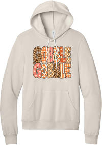 Gobble Gobble Patchwork hoodie in Heather Dust, featuring Gobble Gobble in bubble letters filled with leopard, gingham, checkerboard, stars, and pumpkin prints