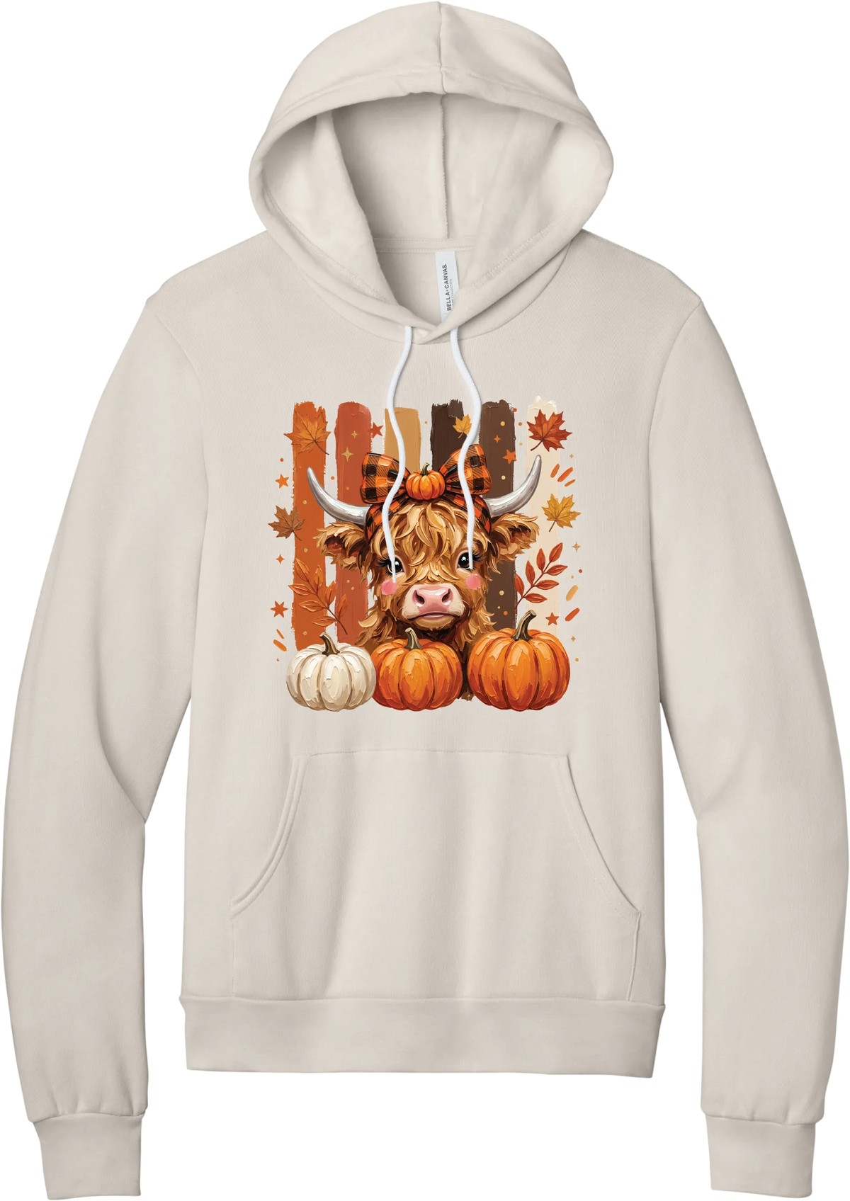Highland Cozy hoodie in Heather Dust, featuring a fluffy highland cow calf in a buffalo check bow with pumpkins and painted autumn stripes