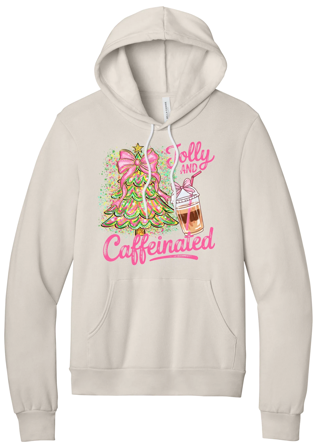 Jolly and Caffeinated hoodie in Heather Dust, featuring a pink bow Christmas tree and an iced coffee with Jolly and Caffeinated script