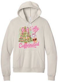 Jolly and Caffeinated hoodie in Heather Dust, featuring a pink bow Christmas tree and an iced coffee with Jolly and Caffeinated script