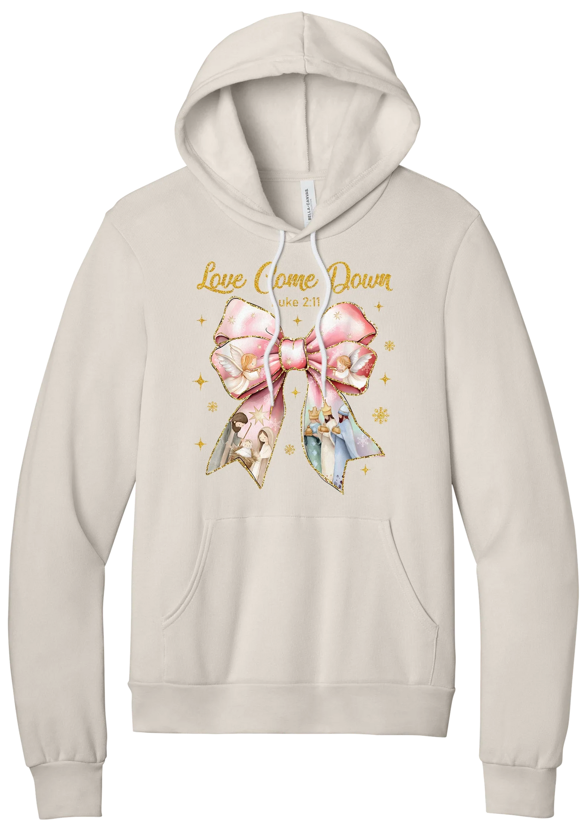 Love Came Down Nativity Bow hoodie in Heather Dust, featuring a blush satin bow with painted nativity scenes under gold Love Came Down script and Luke 2:11