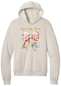 Love Came Down Nativity Bow hoodie in Heather Dust, featuring a blush satin bow with painted nativity scenes under gold Love Came Down script and Luke 2:11