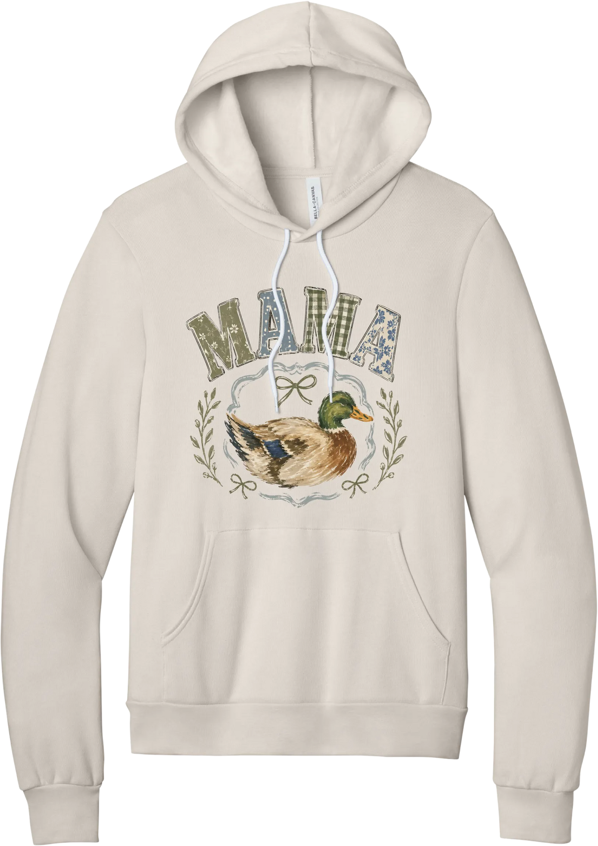 Mallard Mama hoodie in Heather Dust, featuring MAMA in gingham and floral patchwork letters above a painted mallard duck framed by ribbons and laurels