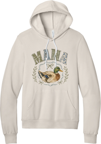 Mallard Mama hoodie in Heather Dust, featuring MAMA in gingham and floral patchwork letters above a painted mallard duck framed by ribbons and laurels