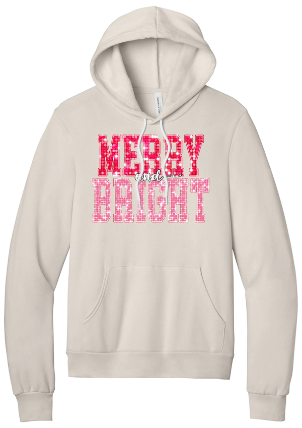 Merry and Bright Sequin hoodie in Heather Dust, featuring varsity MERRY and BRIGHT letters with a pink and red sequin look