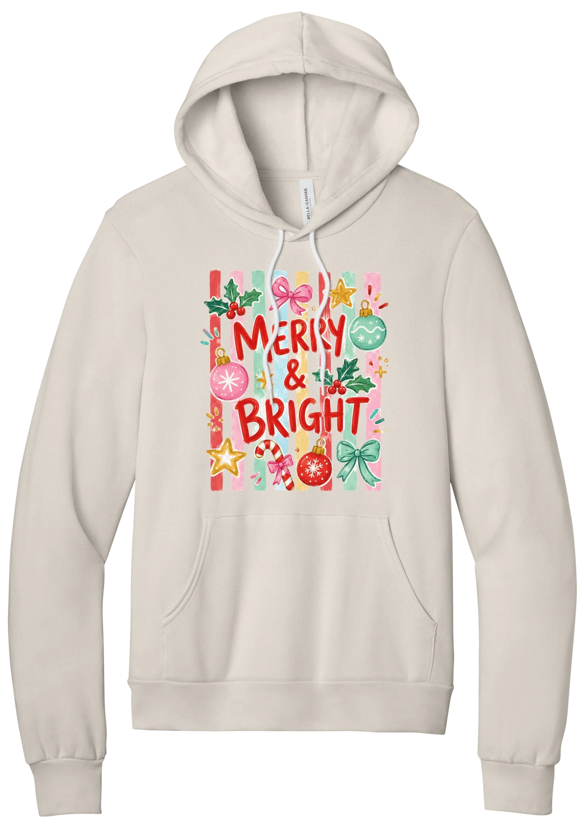 Merry and Bright Striped hoodie in Heather Dust, featuring red MERRY and BRIGHT letters on pink and green stripes with ornaments and holly