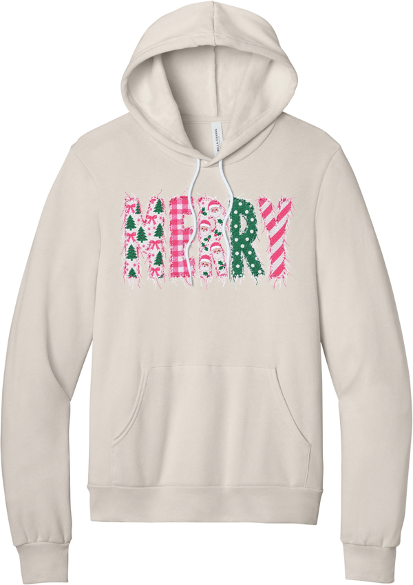 Merry Preppy Applique hoodie in Heather Dust, featuring faux applique MERRY letters in pink and green patchwork patterns with trees, gingham, Santas, polka dots, and candy cane stripes