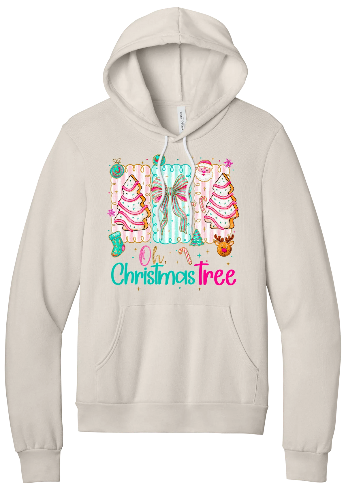 Oh Christmas Tree Cakes hoodie in Heather Dust, featuring frosted Christmas tree snack cakes on pink and mint panels over Oh Christmas Tree lettering