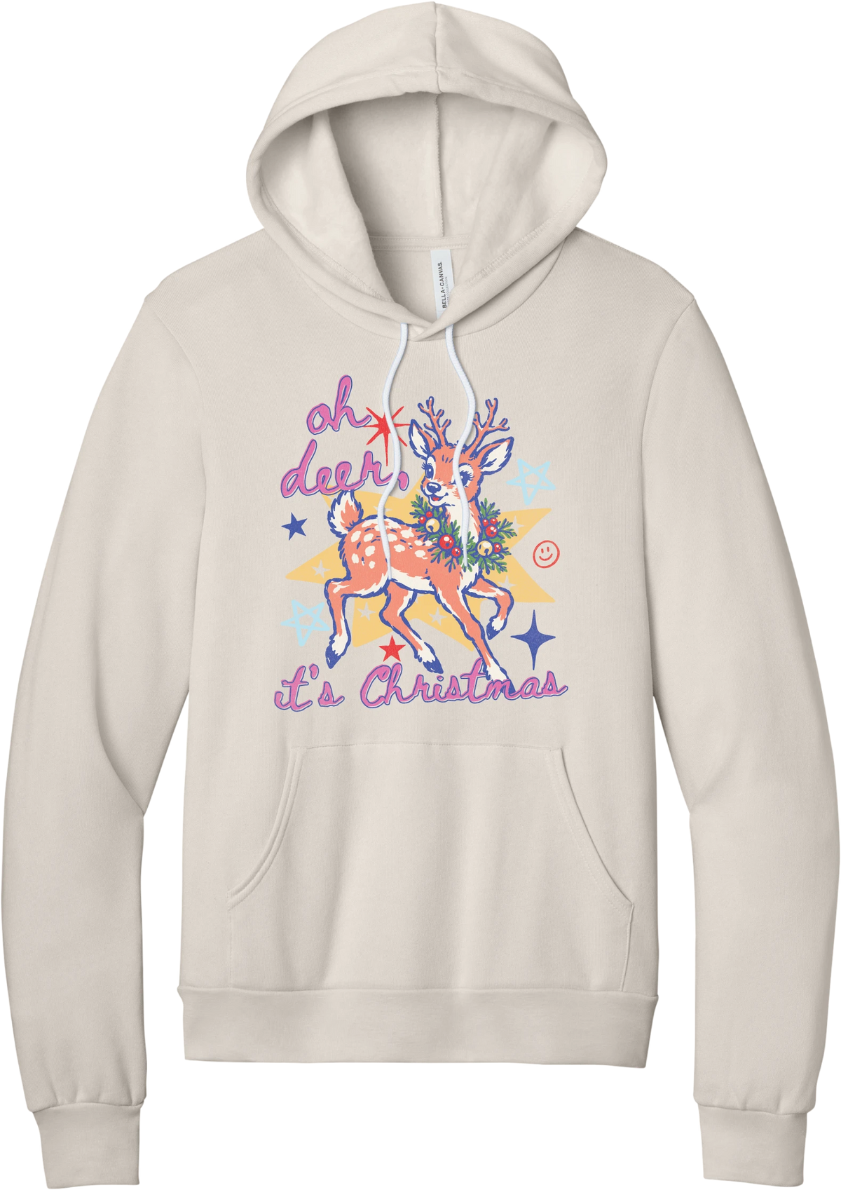 Oh Deer Retro hoodie in Heather Dust, featuring a retro spotted fawn with a holly wreath, pastel stars, and Oh Deer It's Christmas script