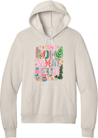 Oh What Fun hoodie in Heather Dust, featuring hand-painted Oh What Fun letters with pink bows, whimsical Christmas trees, and ornaments