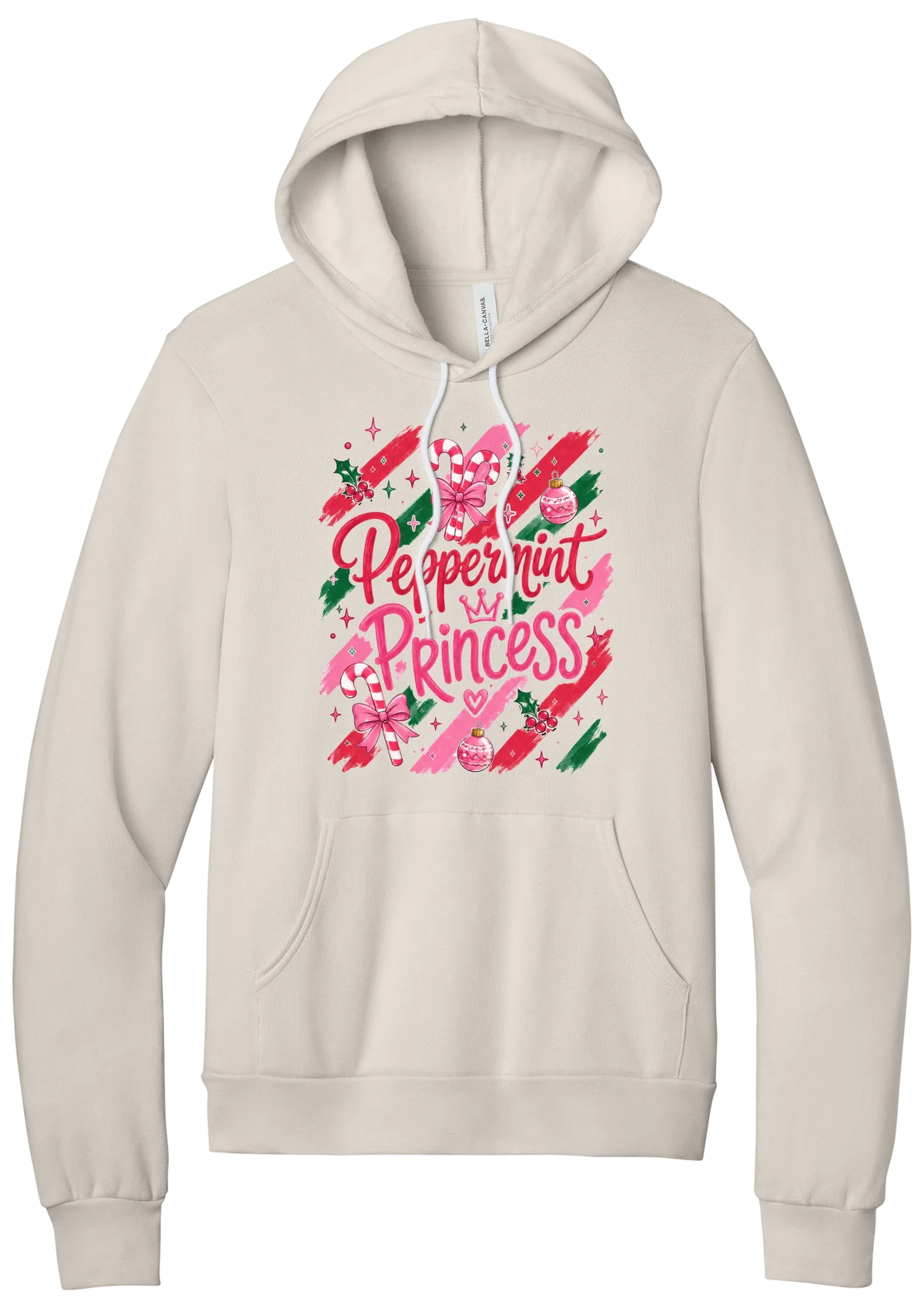 Peppermint Princess hoodie in Heather Dust, featuring pink Peppermint Princess script with candy canes, a crown, and bows on red and green brush strokes
