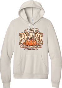 Praise Him Pumpkin hoodie in Heather Dust, featuring I Will Praise Him in Every Season in leopard varsity letters with a pumpkin, a pink bow, and Psalm 146:2