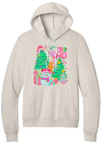 Preppy Christmas Doodle hoodie in Heather Dust, featuring a doodle collage of Christmas trees, a snowman, a gingerbread man, gifts, and pink bows