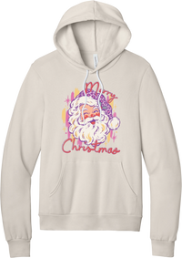 Preppy Santa (Pink Leopard) hoodie in Heather Dust, featuring a vintage Santa in a pink leopard hat with Merry Christmas script and sparkles