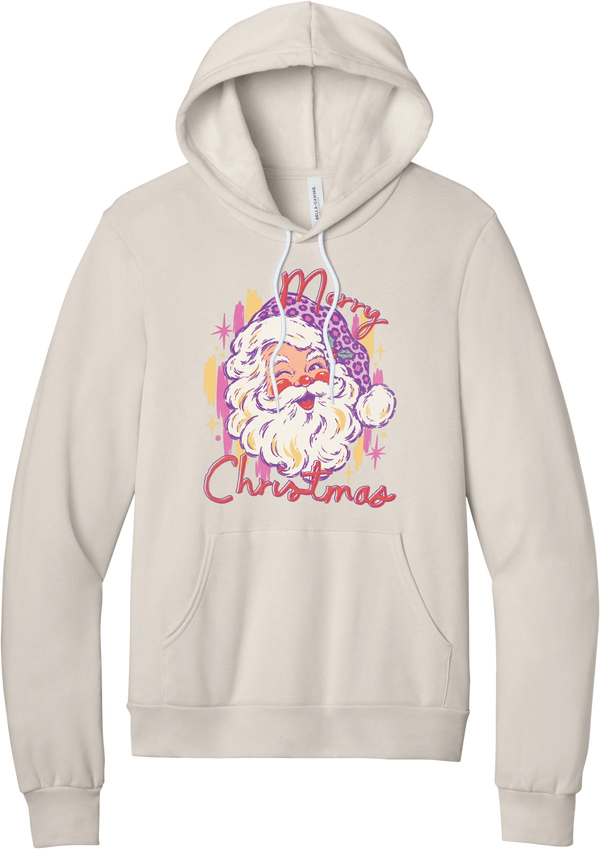 Preppy Santa (Pink Leopard) hoodie in Heather Dust, featuring a vintage Santa in a pink leopard hat with Merry Christmas script and sparkles