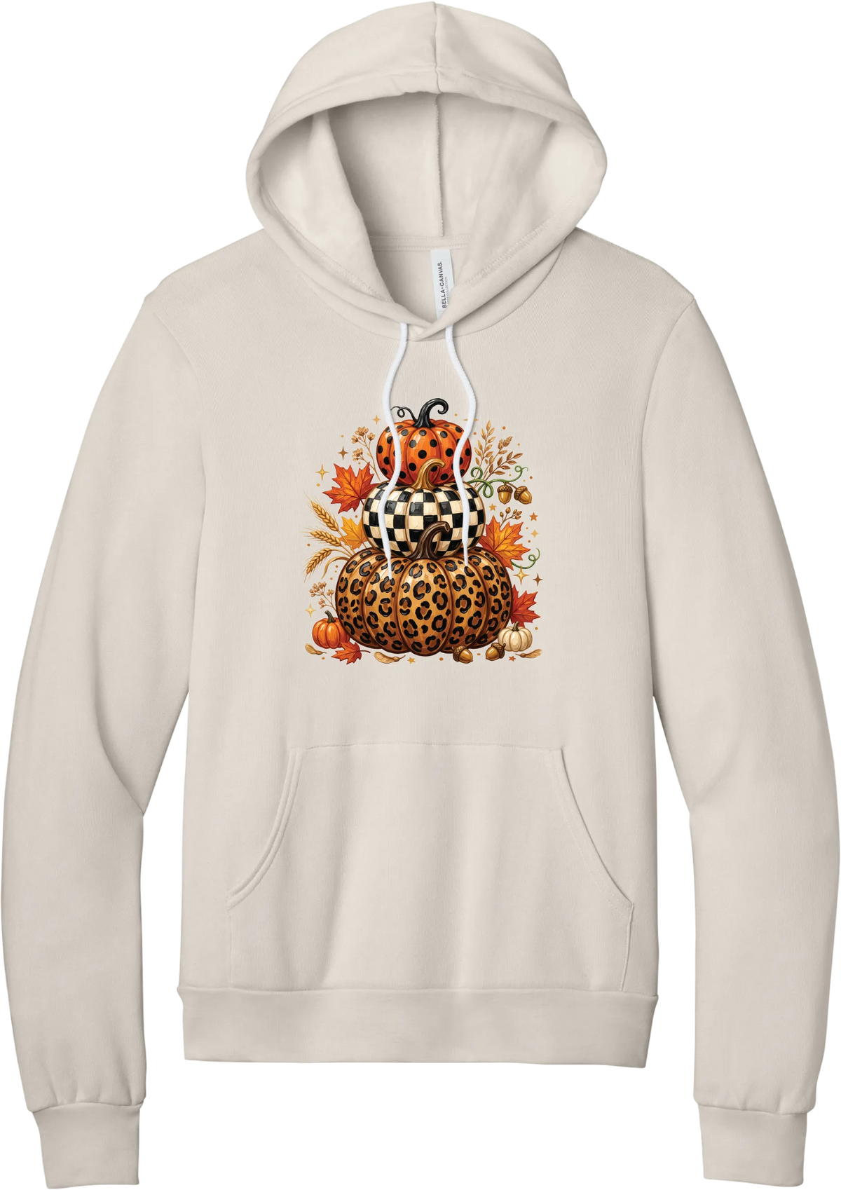 All Stacked Up hoodie in Heather Dust, featuring three stacked pumpkins in polka dot, checkerboard, and leopard with autumn leaves