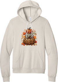 All Stacked Up hoodie in Heather Dust, featuring three stacked pumpkins in polka dot, checkerboard, and leopard with autumn leaves