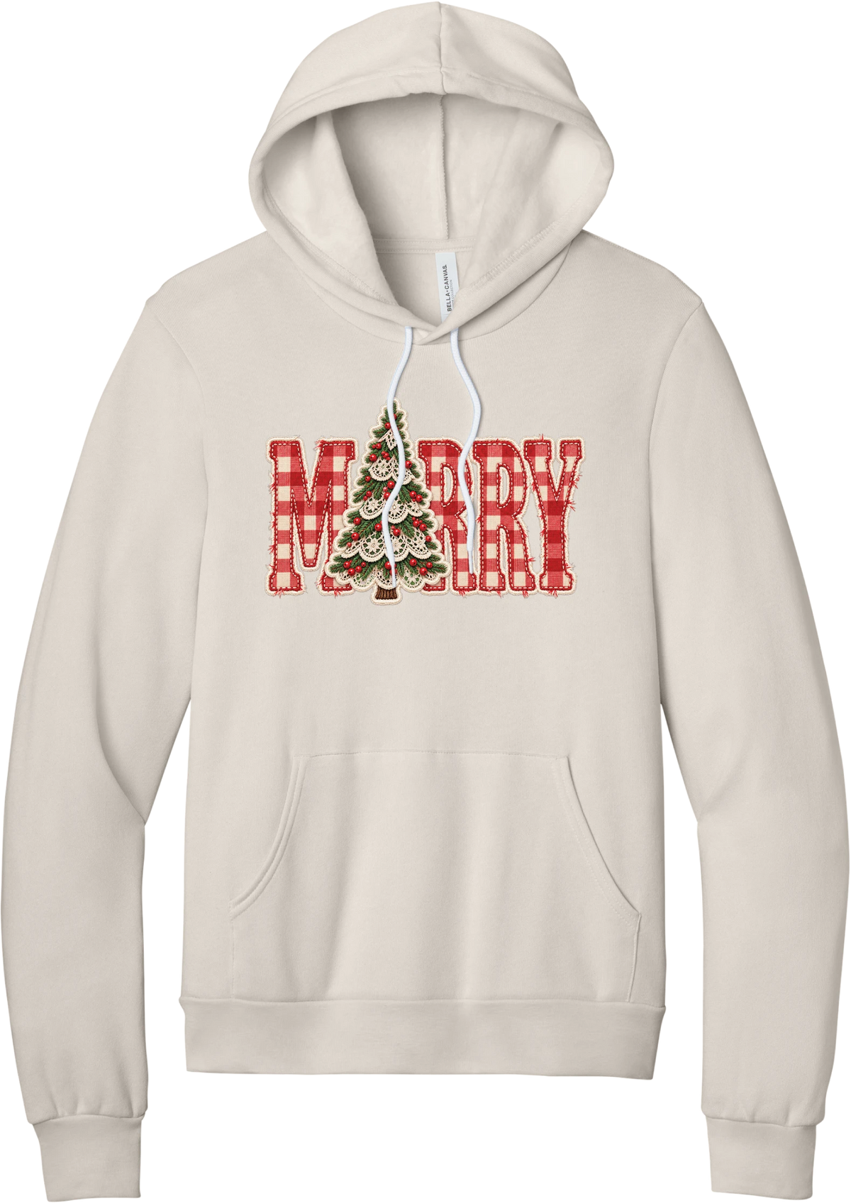 Red Gingham Merry Tree hoodie in Heather Dust, featuring red gingham MERRY letters with a lace-trimmed Christmas tree in the center