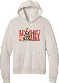 Red Gingham Merry Tree hoodie in Heather Dust, featuring red gingham MERRY letters with a lace-trimmed Christmas tree in the center