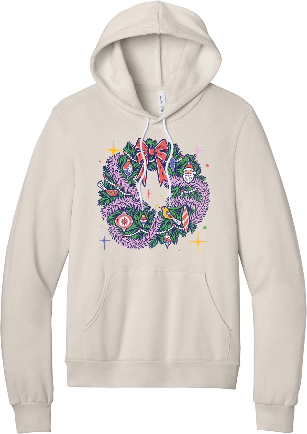 Retro Wreath hoodie in Heather Dust, featuring a retro tinsel Christmas wreath with vintage ornaments and a red bow
