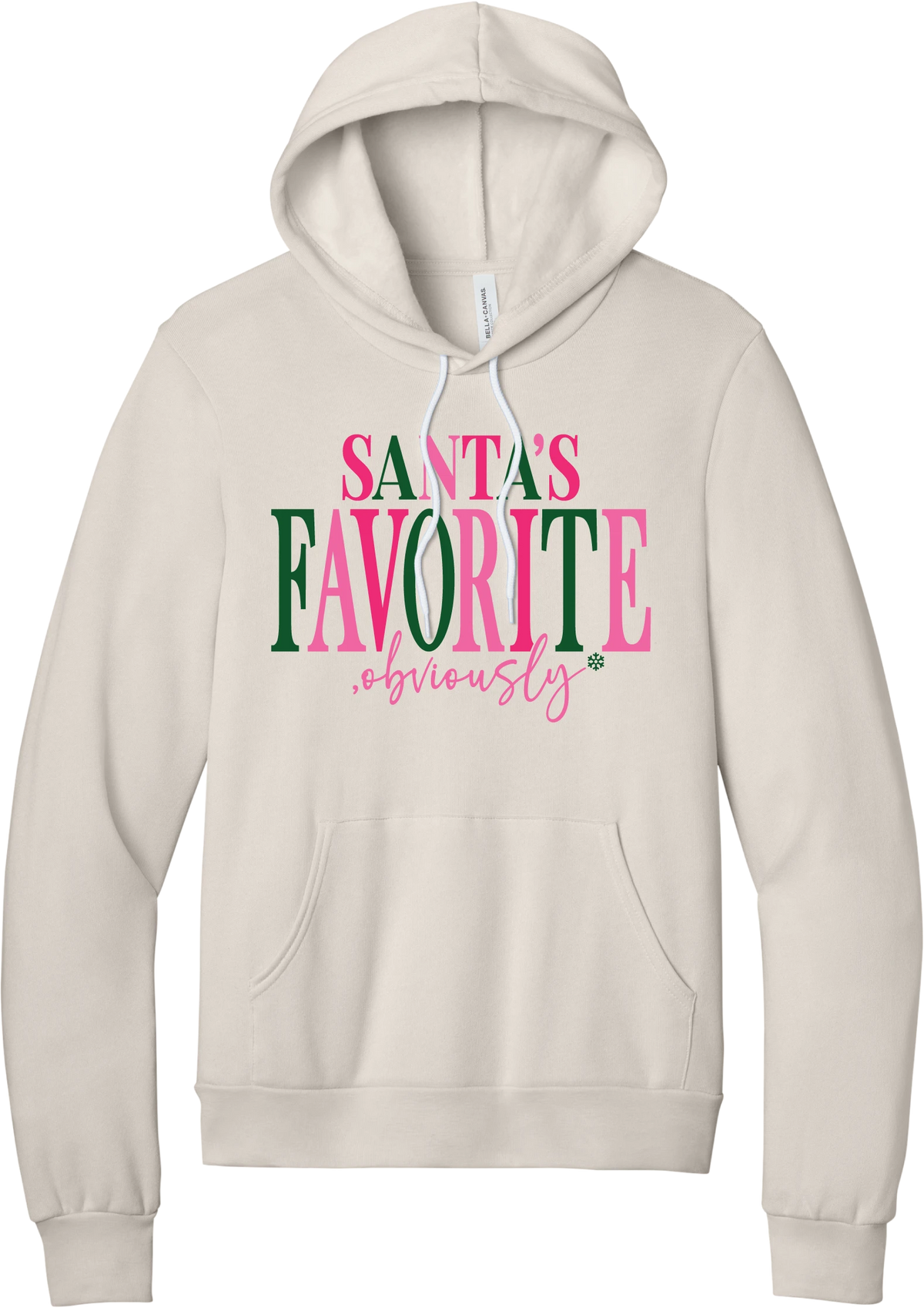 Santa's Favorite, Obviously hoodie in Heather Dust, featuring SANTA'S FAVORITE in pink and green serif lettering with a pink script obviously and a green snowflake