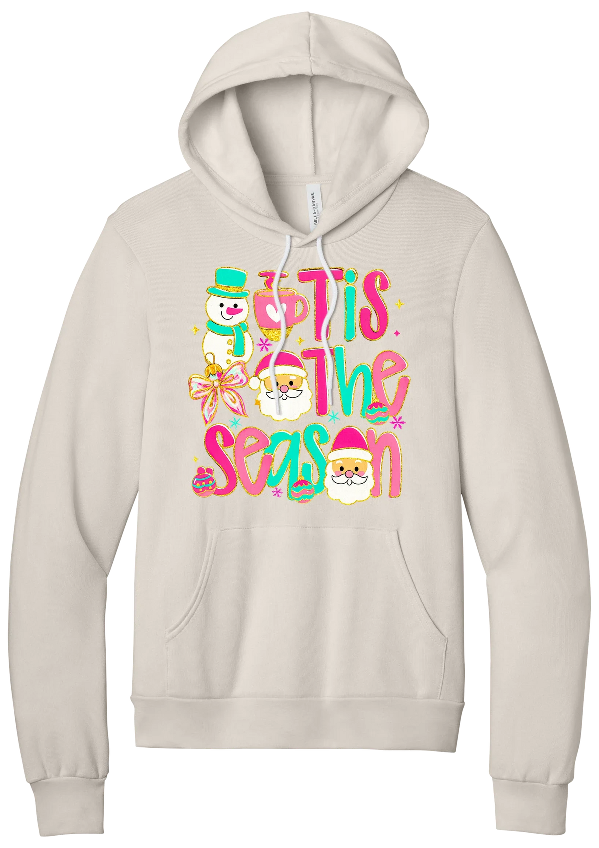 Tis the Season Snowman hoodie in Heather Dust, featuring pink and teal TIS THE SEASON letters with a snowman, a cocoa mug, and Santas