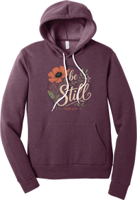 Be Still hoodie in Heather Maroon, featuring Be Still in hand lettered script with a coral poppy, greenery, and Psalm 46:10