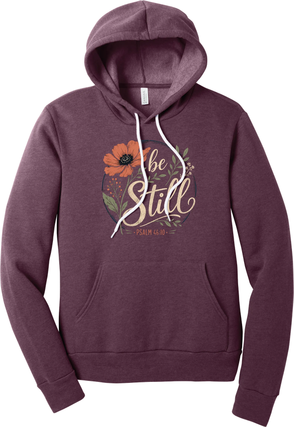 Be Still hoodie in Heather Maroon, featuring Be Still in hand lettered script with a coral poppy, greenery, and Psalm 46:10