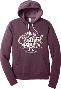 Clothed in Strength hoodie in Heather Maroon, featuring She Is Clothed in Strength in hand lettered script with a bow and Proverbs 31:25