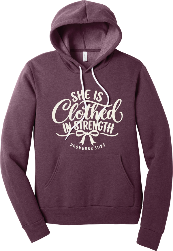 Clothed in Strength hoodie in Heather Maroon, featuring She Is Clothed in Strength in hand lettered script with a bow and Proverbs 31:25