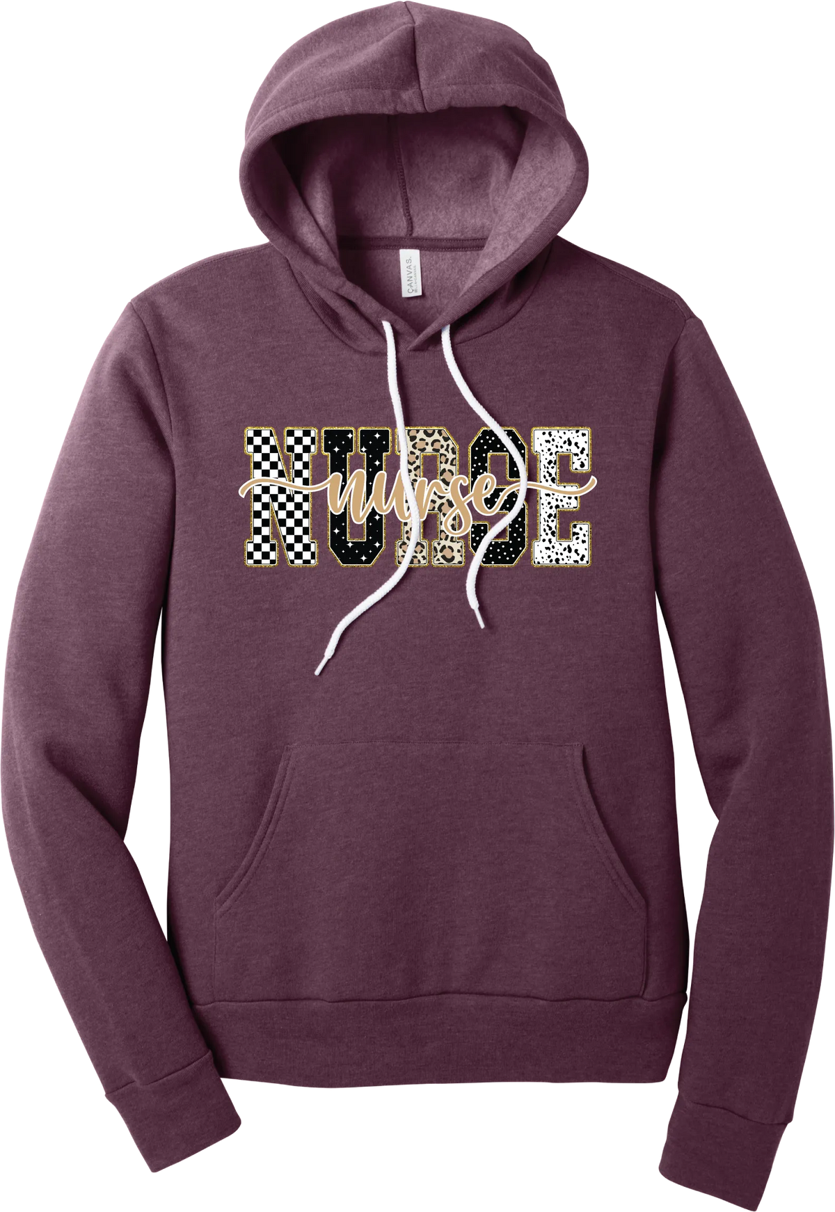 Glitzy Patterned Nurse hoodie in Heather Maroon, featuring NURSE block letters in checkerboard, leopard, and polka dot patterns with a gold glitter outline and nurse script