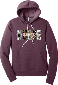 Glitzy Patterned Nurse hoodie in Heather Maroon, featuring NURSE block letters in checkerboard, leopard, and polka dot patterns with a gold glitter outline and nurse script