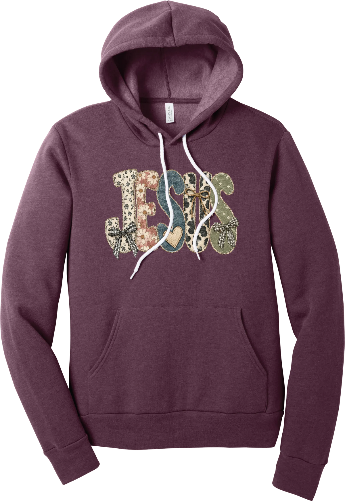 Jesus Patchwork hoodie in Heather Maroon, featuring JESUS in patchwork letters of floral, leopard, denim, and cow print with gingham bows and a heart