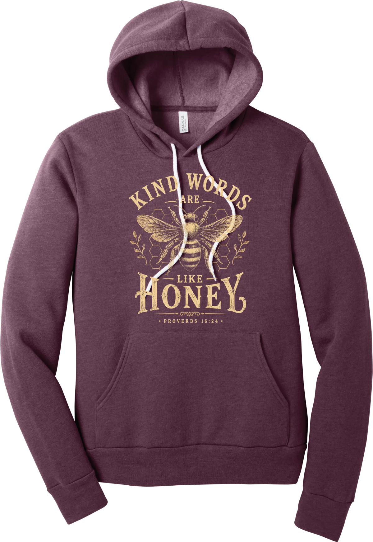 Kind Words Honey Bee hoodie in Heather Maroon, featuring a vintage golden honey bee and honeycomb with Kind Words Are Like Honey lettering and Proverbs 16:24