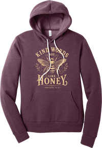 Kind Words Honey Bee hoodie in Heather Maroon, featuring a vintage golden honey bee and honeycomb with Kind Words Are Like Honey lettering and Proverbs 16:24