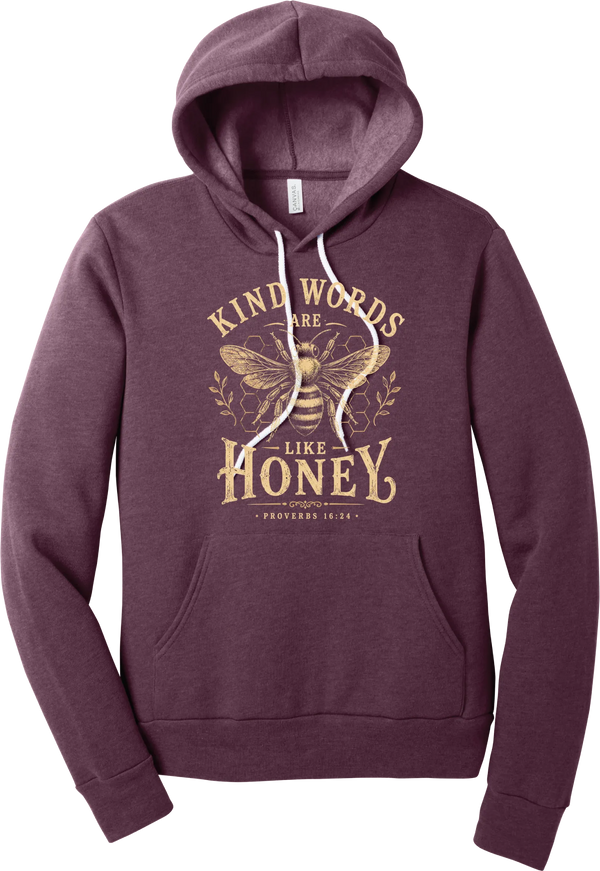 Kind Words Honey Bee hoodie in Heather Maroon, featuring a vintage golden honey bee and honeycomb with Kind Words Are Like Honey lettering and Proverbs 16:24