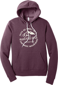 Mustard Seed Faith hoodie in Heather Maroon, featuring a circle badge of mountains and a cross with Faith as Small as a Mustard Seed Can Move Mountains lettering and Matthew 17:20