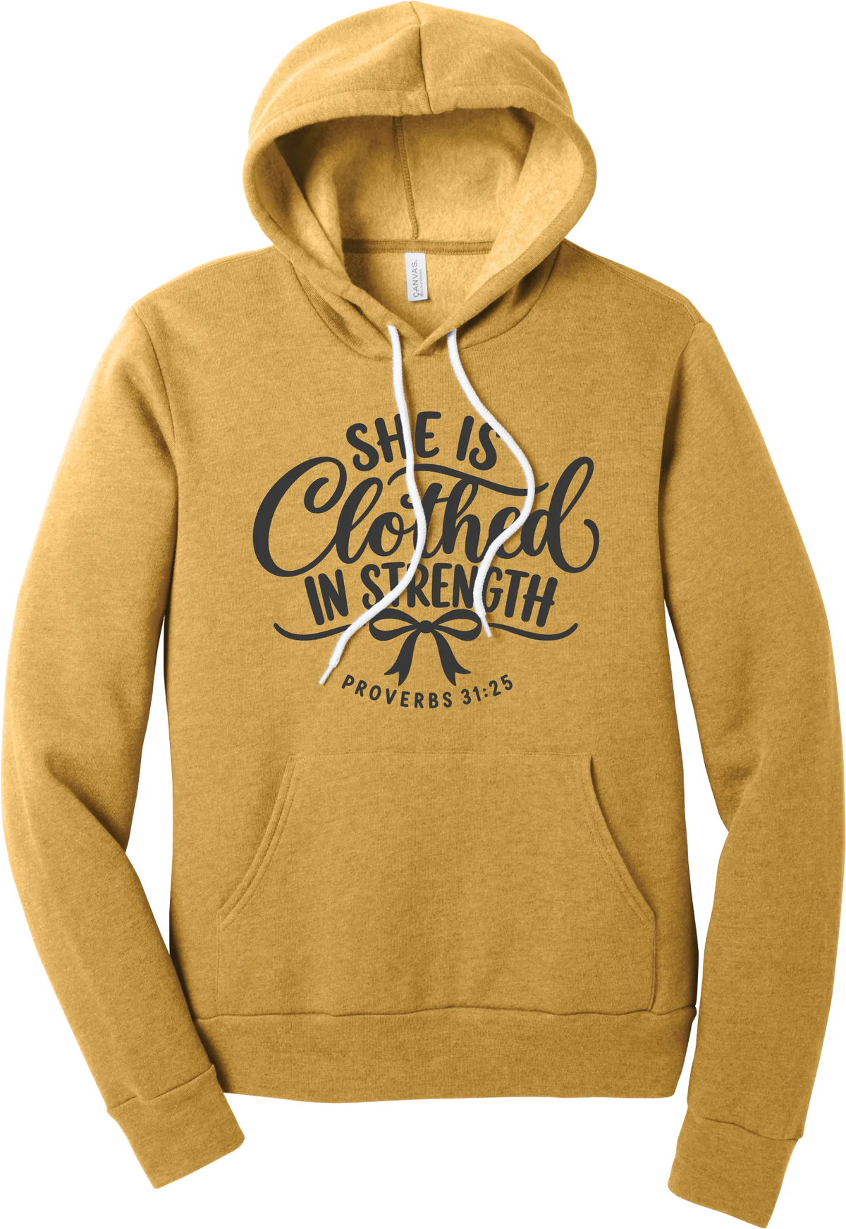 Clothed in Strength hoodie in Heather Mustard, featuring She Is Clothed in Strength in hand lettered script with a bow and Proverbs 31:25