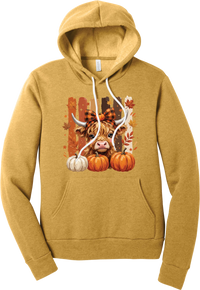 Highland Cozy hoodie in Heather Mustard, featuring a fluffy highland cow calf in a buffalo check bow with pumpkins and painted autumn stripes