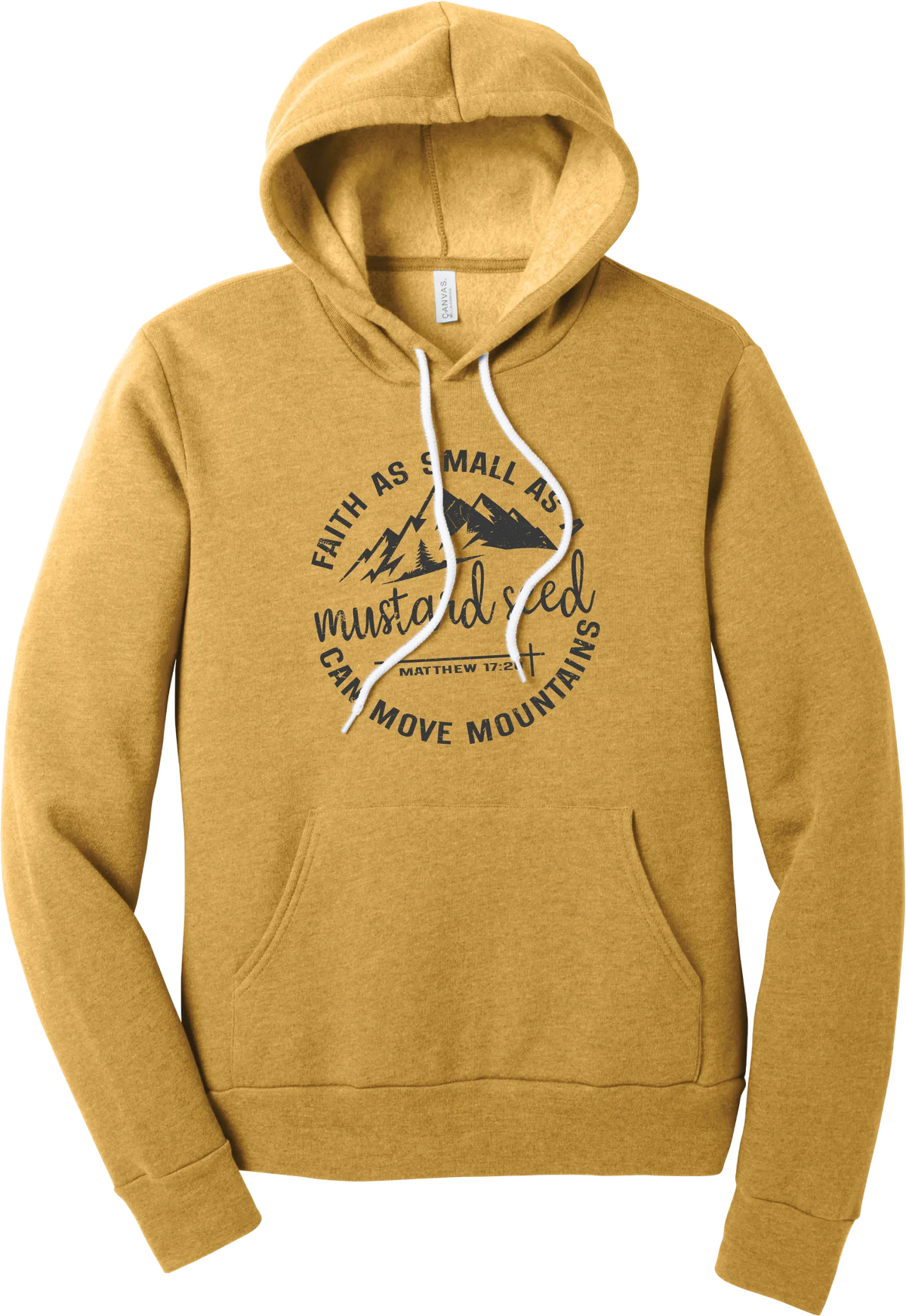 Mustard Seed Faith hoodie in Heather Mustard, featuring a circle badge of mountains and a cross with Faith as Small as a Mustard Seed Can Move Mountains lettering and Matthew 17:20