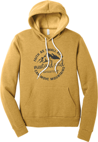 Mustard Seed Faith hoodie in Heather Mustard, featuring a circle badge of mountains and a cross with Faith as Small as a Mustard Seed Can Move Mountains lettering and Matthew 17:20
