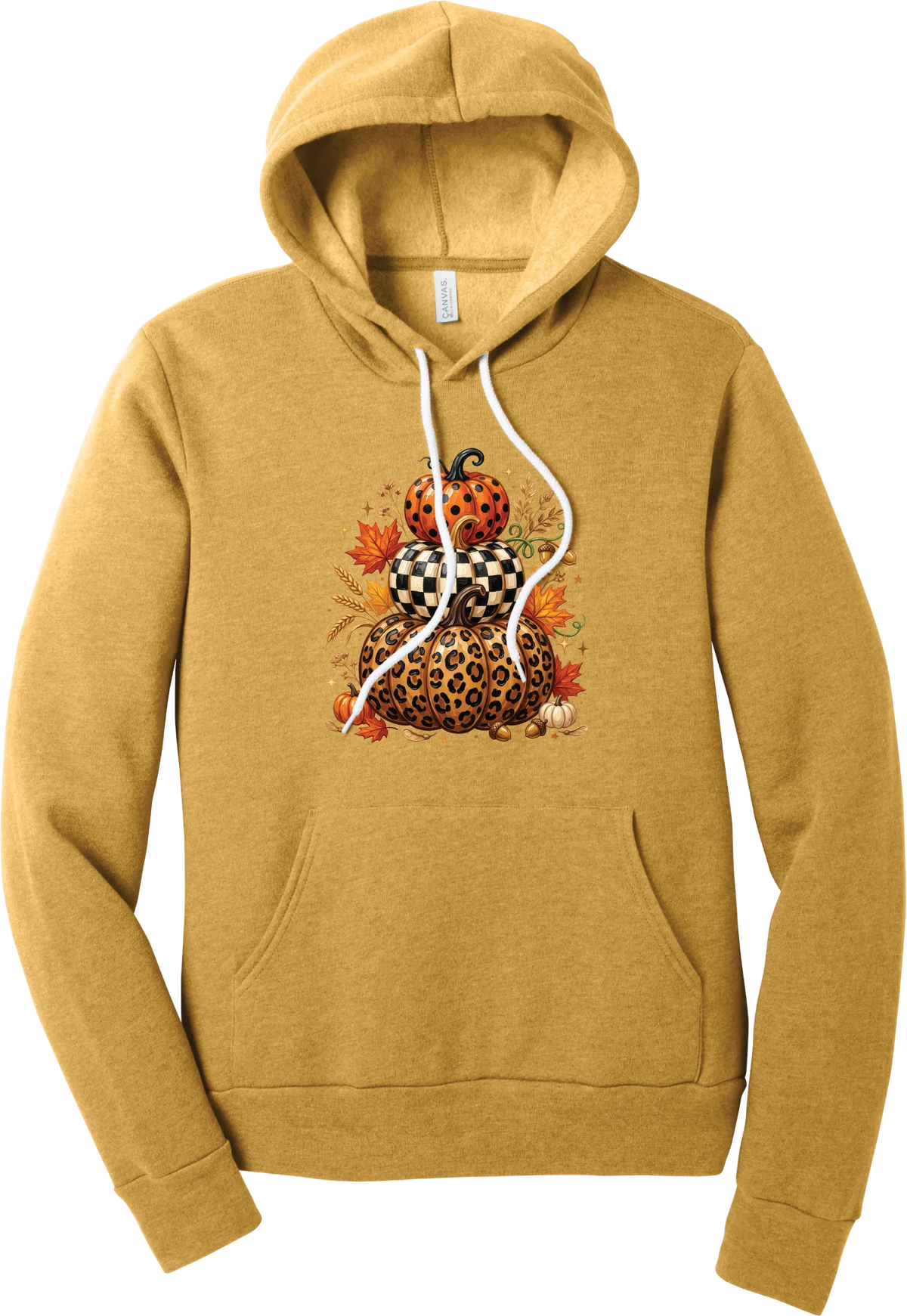 All Stacked Up hoodie in Heather Mustard, featuring three stacked pumpkins in polka dot, checkerboard, and leopard with autumn leaves