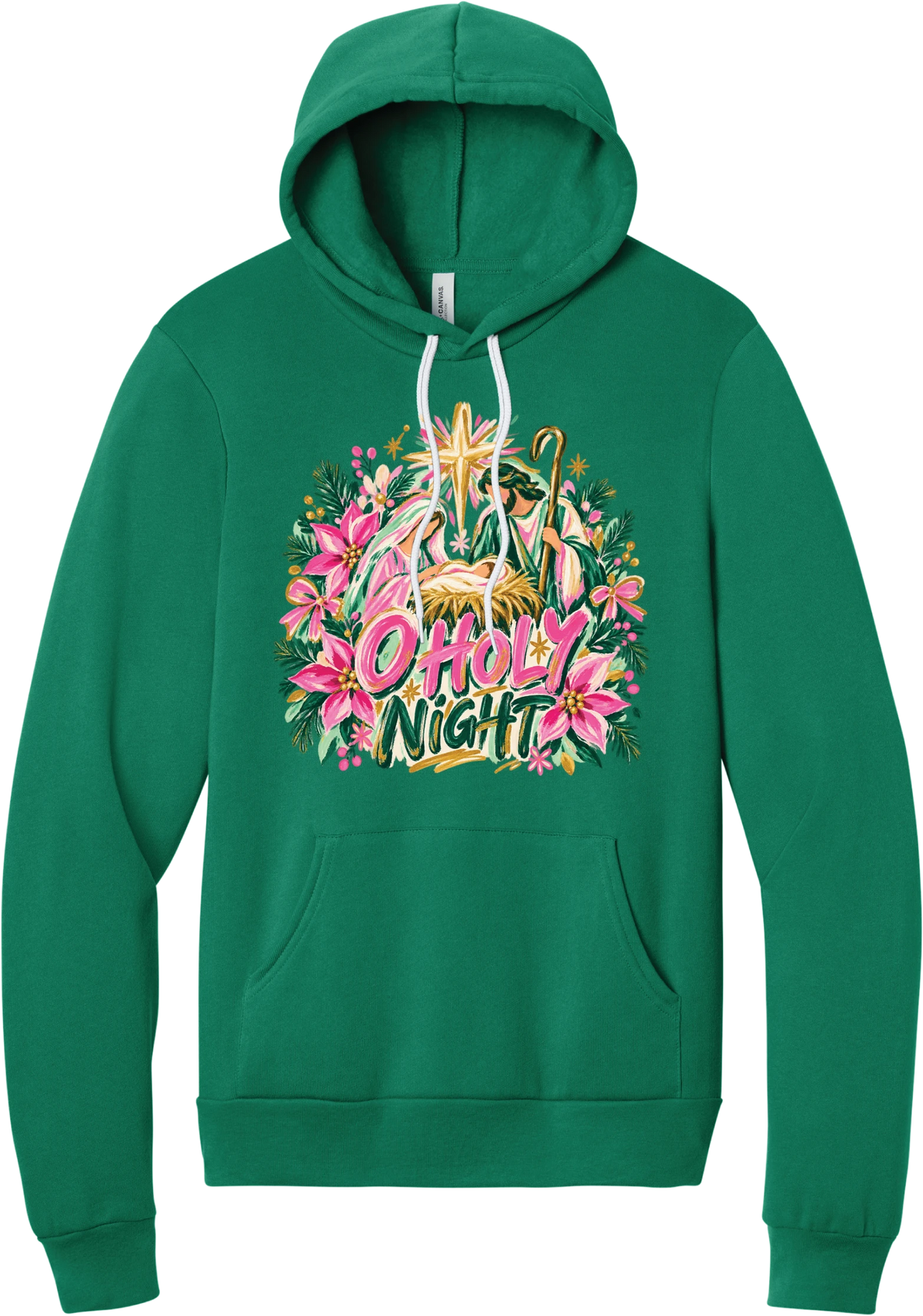 Artful O Holy Night hoodie in Kelly Green, featuring a painted nativity under the star of Bethlehem with O Holy Night lettering framed by pink poinsettias and evergreen