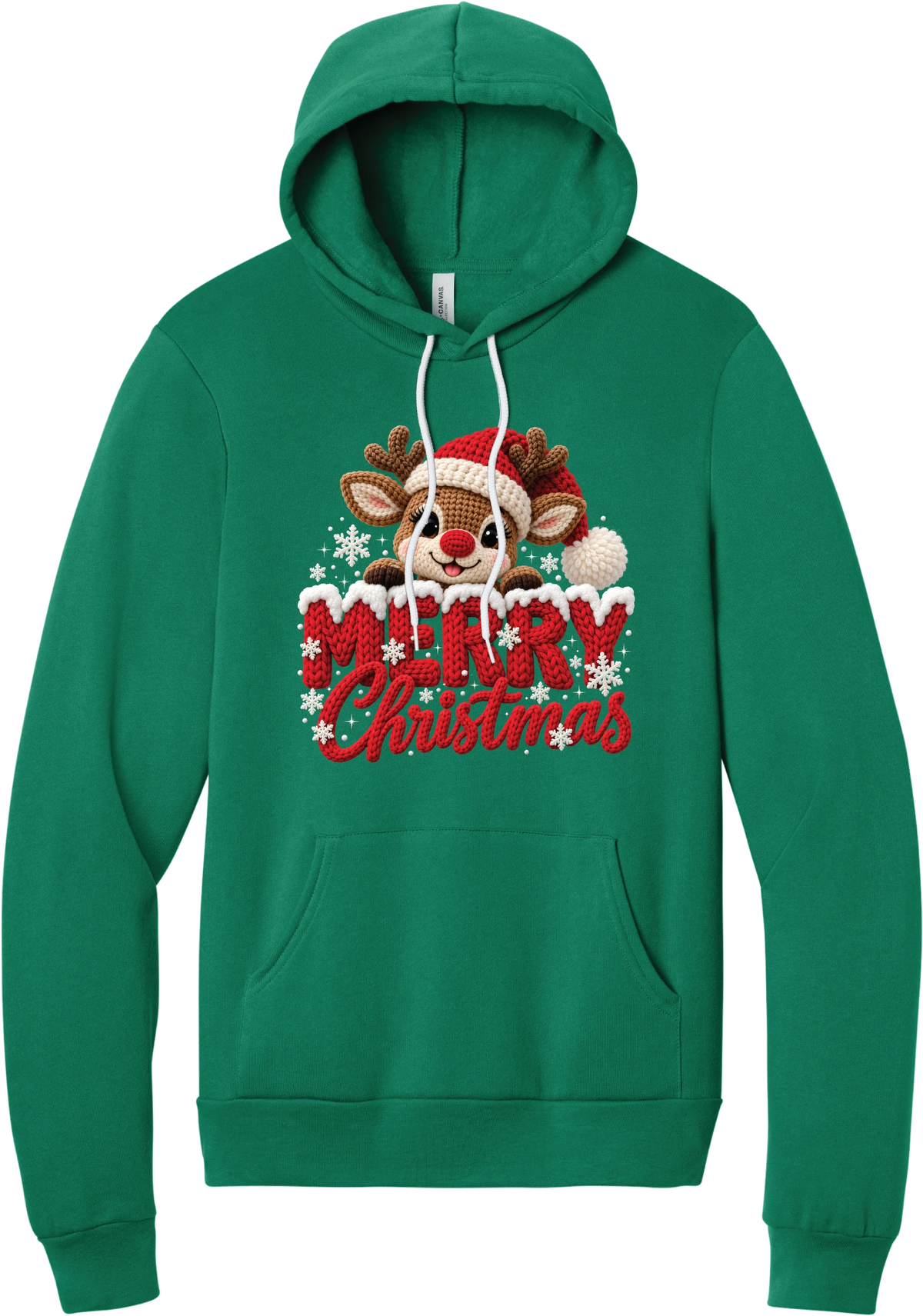 Crocheted Rudolph Merry Christmas hoodie in Kelly Green, featuring a crochet-style reindeer in a Santa hat peeking over knit-texture Merry Christmas lettering with snowflakes