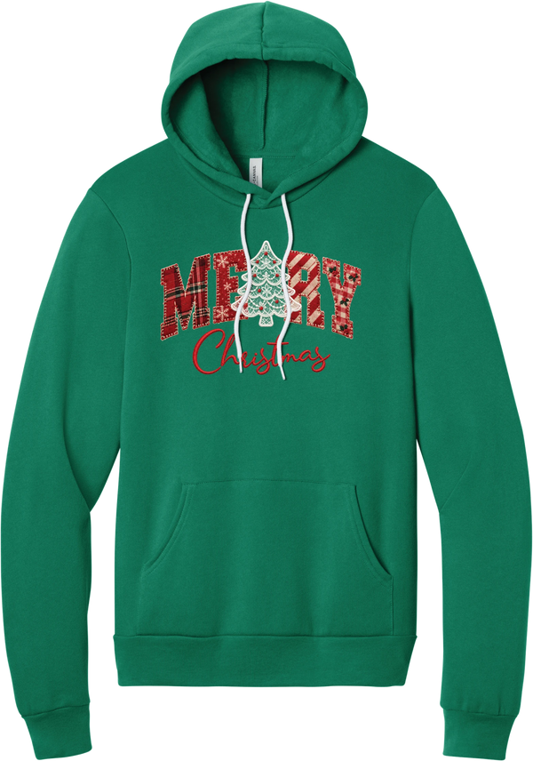 Merry Lace and Pattern Applique hoodie in Kelly Green, featuring faux applique MERRY letters in red plaid, snowflake, candy cane, and gingham fabrics with a lace Christmas tree and red script Christmas